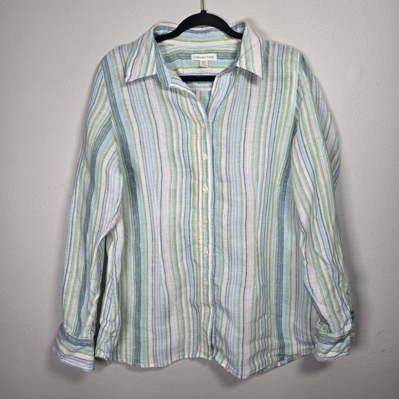 Coldwater Creek Tops - Coldwater Creek Womens 1X Blue Striped Linen Blend Button Shirt Coastal Mature